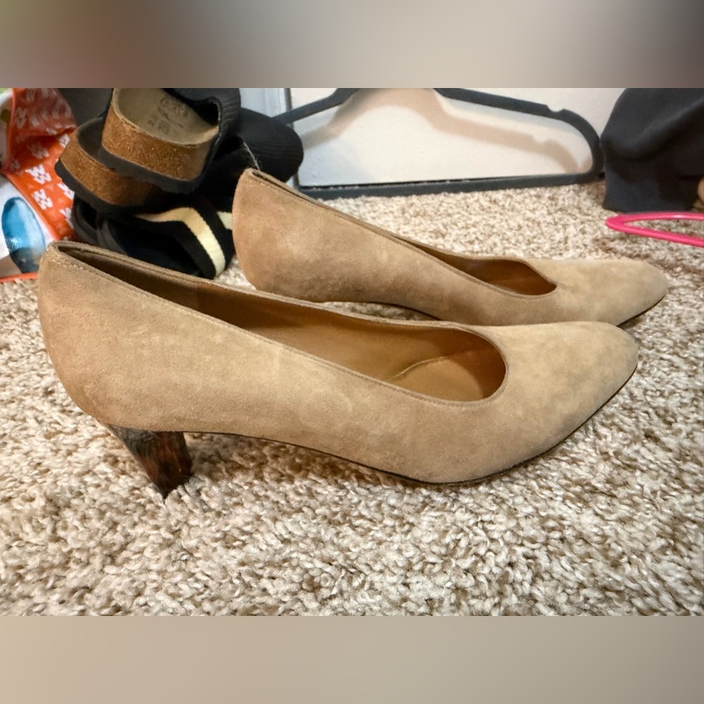 Salvatore Ferragamo Tan Suede Tortoise Heels